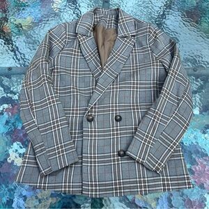 Grey/Brown Plaid Double-Breasted Blazer